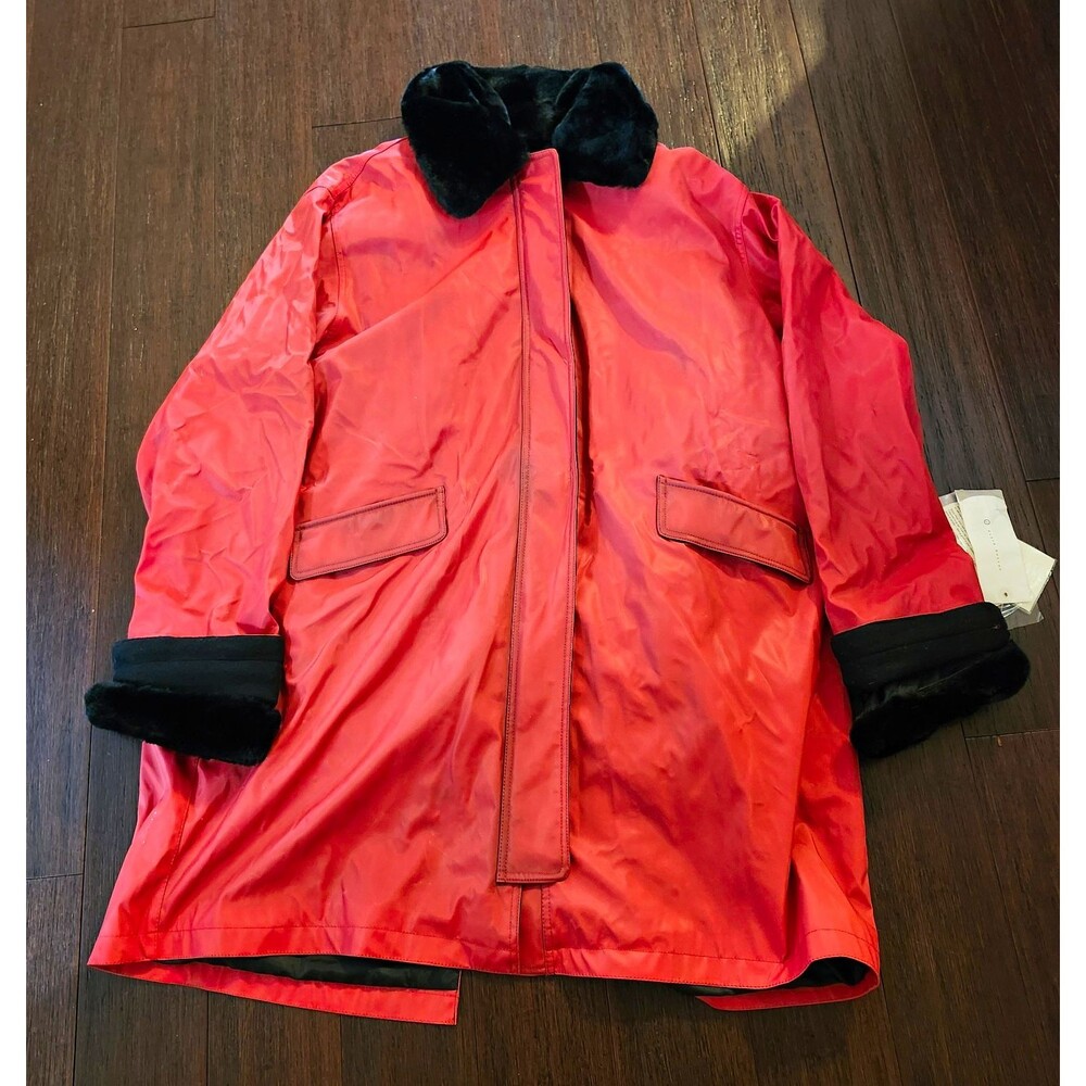 NWT Dennis Basso Red Raincoat 2X Removable Faux Fur Collar Lining Flaws AS IS